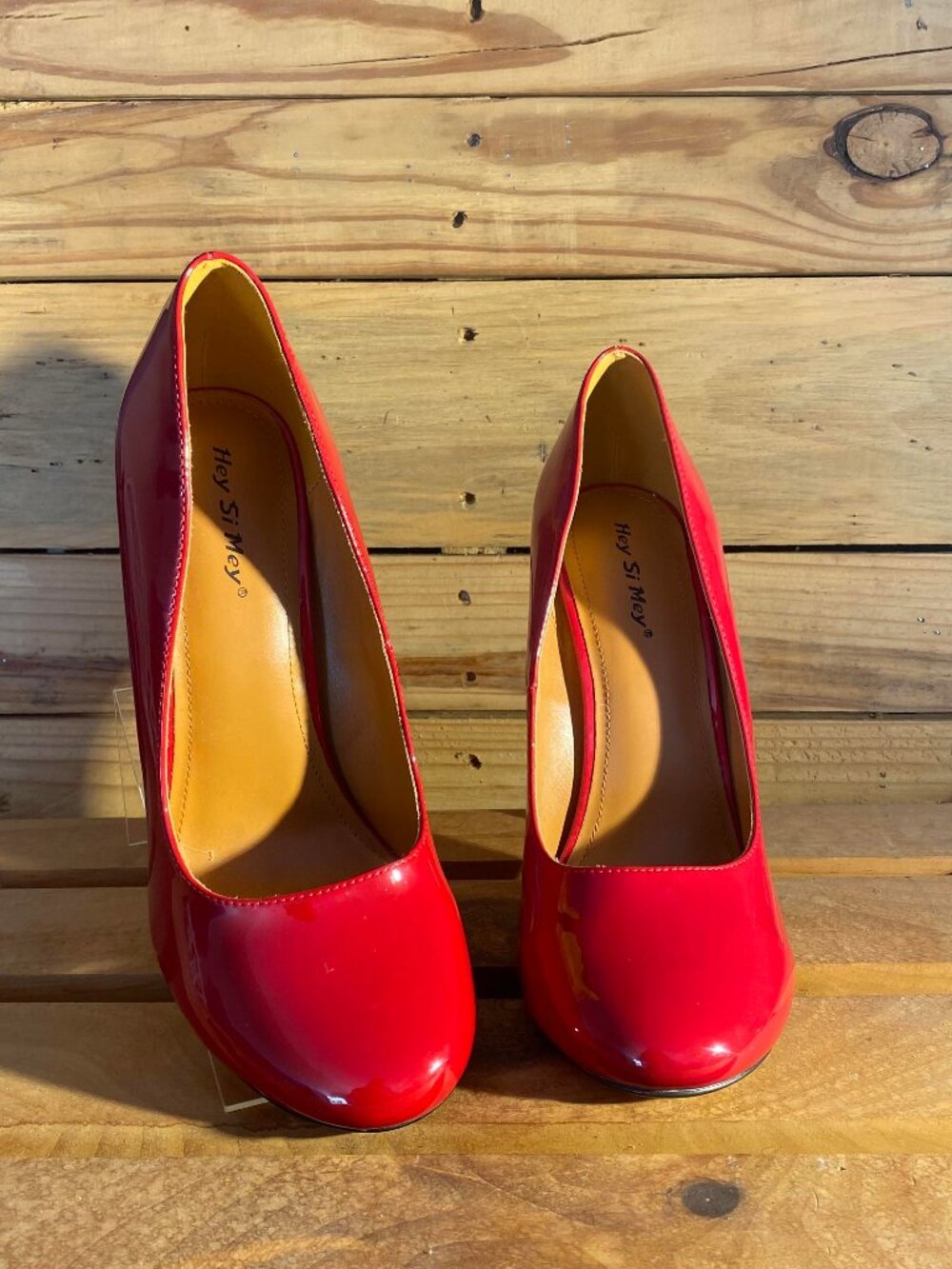 Stunning Glossy Round Toe Red Patent Leather Heels